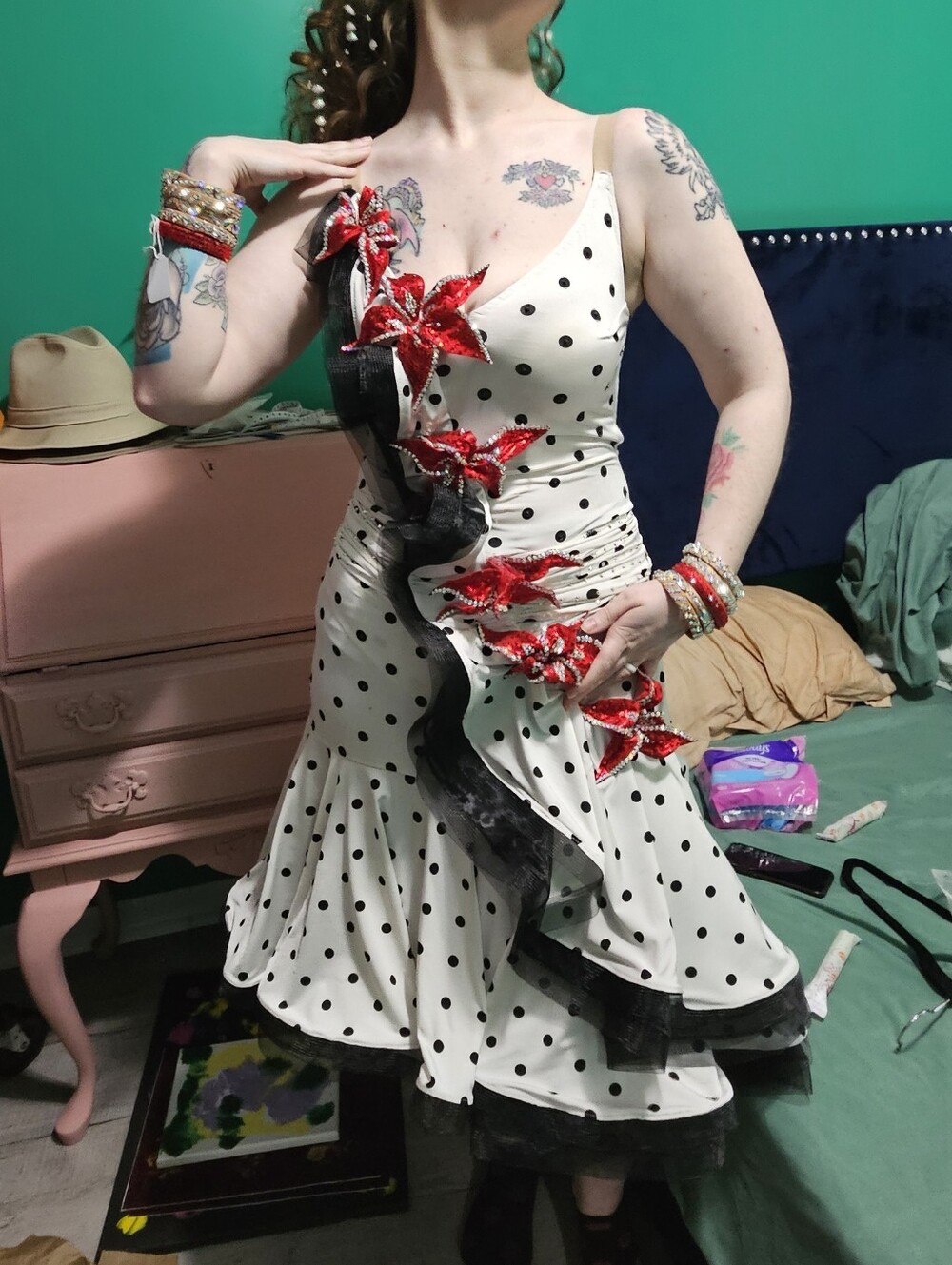 "Lola" - Polka Dot couture Valeria Designs Swing dresss w/ red Swarovski flowers